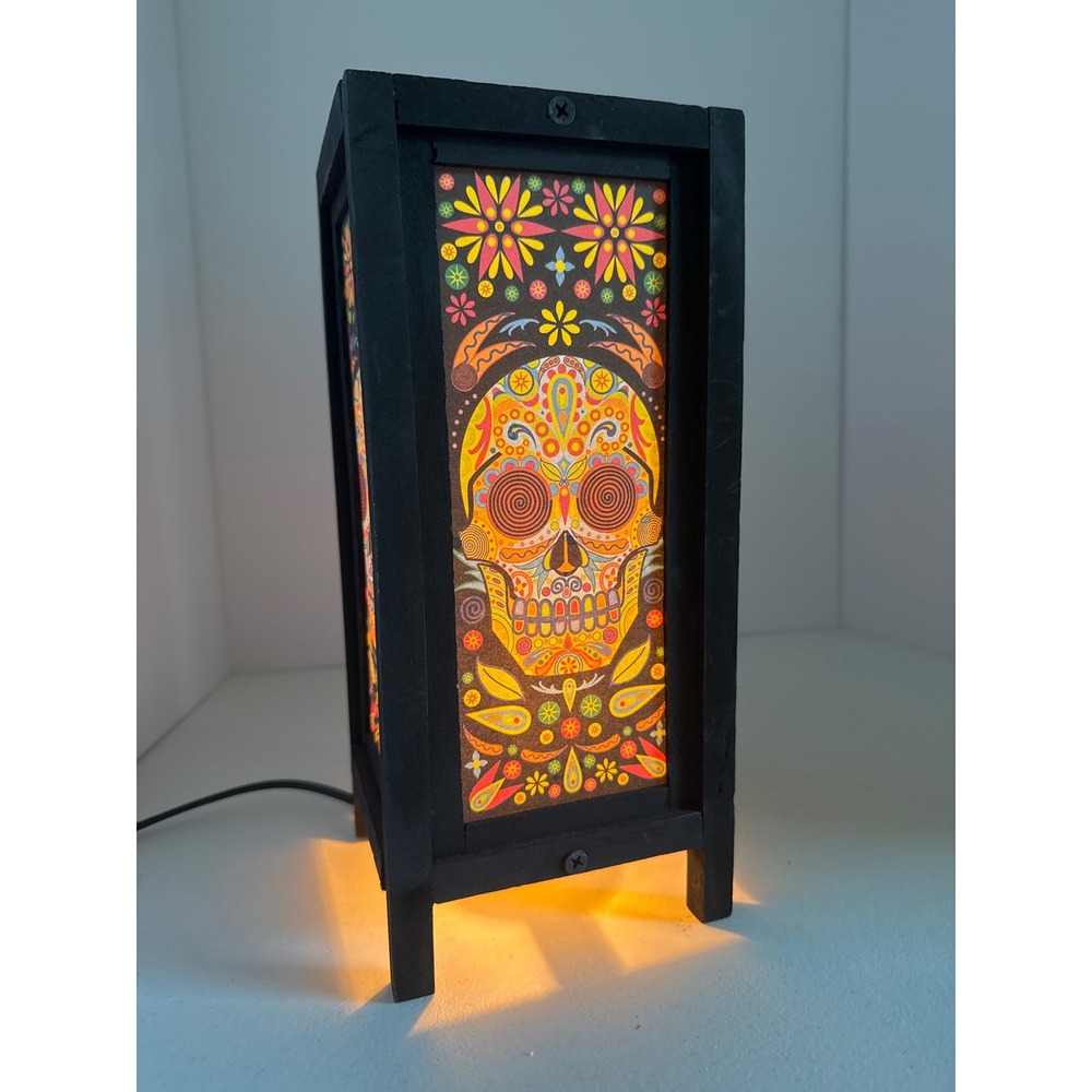 Day of the Dead Sugar Skull Wood Table Lamp Black Lantern Dia de los Muertos